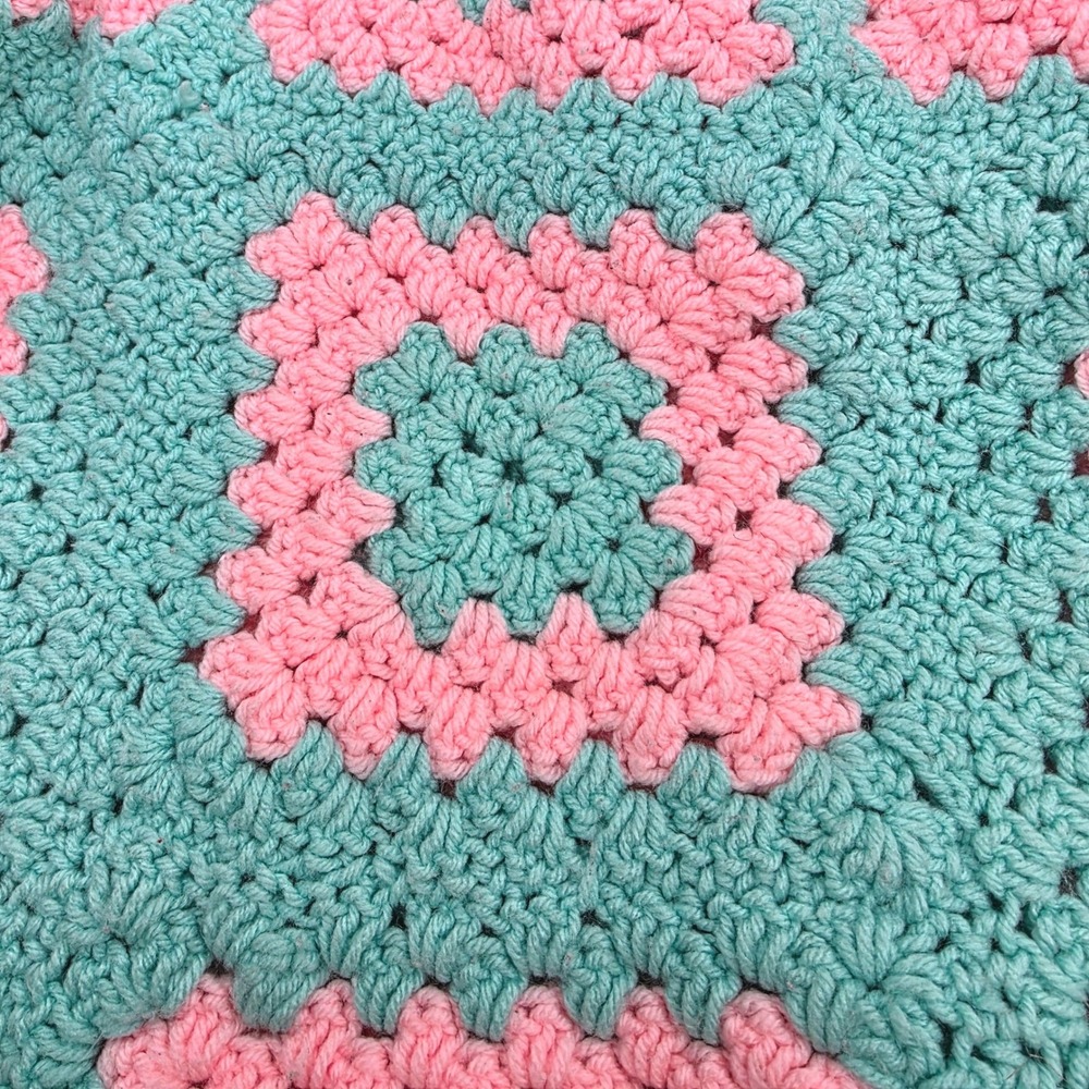 Handmade Crochet Granny Square Afghan Blanket Pink Teal Large 67x84 - Picture 2 of 3